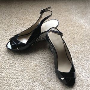 Nine West Black Patent Leather Peep Toe Wedges